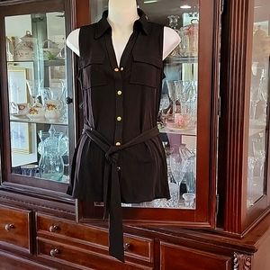 Michael kors black sleeveless tunic with gold snaps belted brest pockets